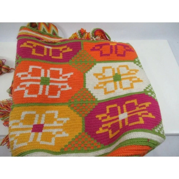 Wayúu Mochila Bag Purse Floral Woven Orange Pink Bucket Shoulder Straps Colombia - Picture 9 of 9